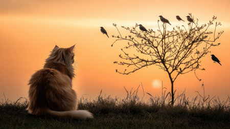 A serene scene featuring a majestic cat watching birds perched on a silhouetted tree against a vibrant sunset backdrop, evoking tranquility and beauty in nature.の素材