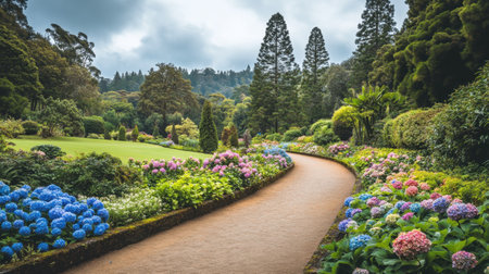 A scenic garden path weaves through vibrant hydrangeas in various colors, flanked by tall trees under a dramatic cloudy sky, creating a tranquil atmosphere.の素材