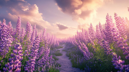 A breathtaking view of vibrant lavender fields stretching towards the horizon, illuminated by a warm sunset. The enchanting atmosphere invites admiration and tranquility.の素材