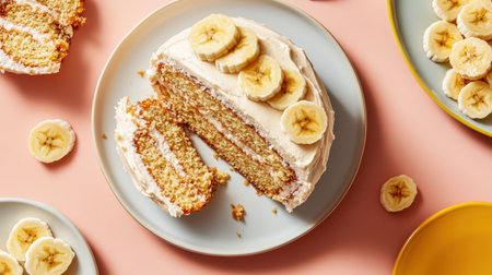 A delightful banana cake featuring creamy frosting and fresh banana slices, perfect for celebrations or casual enjoyment on a vibrant pink backdrop.の素材