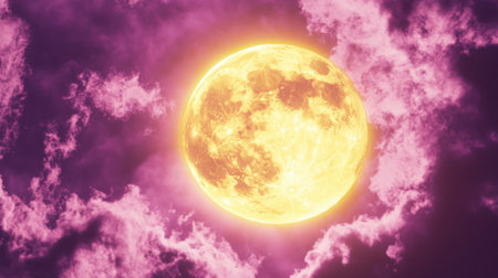 A captivating full moon shines brightly amidst a backdrop of vibrant and colorful clouds, creating a dreamy, mystical atmosphere in the twilight sky.の素材