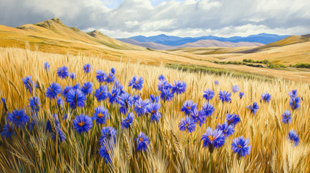 Stunning depiction of vibrant blue flowers flourishing amidst golden grasses, captured under a dramatic cloudy sky, showcasing the beauty of nature in a tranquil landscape.の素材
