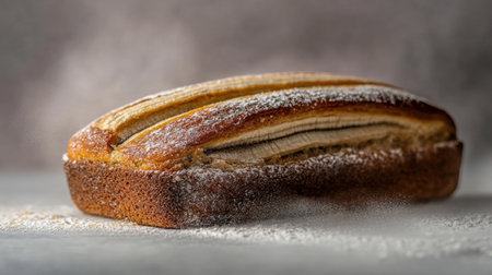 This image showcases a beautifully baked banana bread loaf, featuring a golden-brown crust and a light dusting of powdered sugar. Perfect for food enthusiasts.の素材
