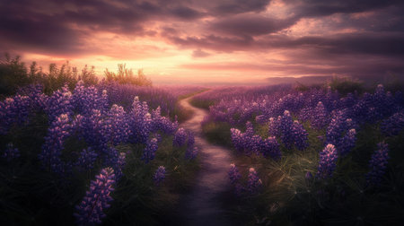 Discover a captivating scene featuring a winding path through a field of vibrant purple wildflowers, illuminated by a stunning sunset.の素材