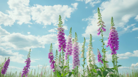 A vibrant display of foxglove flowers stands gracefully in a lush field under a bright blue sky dotted with fluffy clouds, showcasing natureの素材
