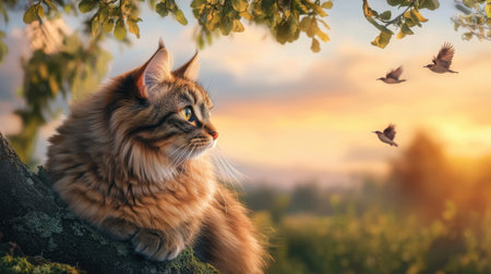 A stunning image of a brown cat perched on a tree branch, gazing intently at soaring birds against a vibrant sunset backdrop. Perfect for nature lovers!の素材