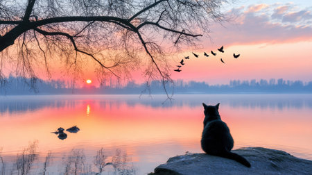 A tranquil view of a black cat sitting near a calm lake at sunset, surrounded by trees and birds in flight, evoking a serene atmosphere and natural beauty.の素材