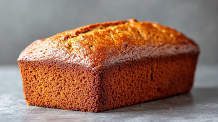 A freshly baked golden brown loaf of cake sits on a rustic gray background, showcasing its inviting texture and warmth. Perfect for culinary inspiration.の素材