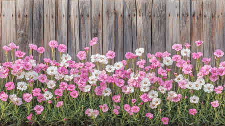 A charming scene showcasing pink and white flowers blooming vibrantly at the base of a rustic wooden fence, capturing the essence of a serene garden landscape.の素材