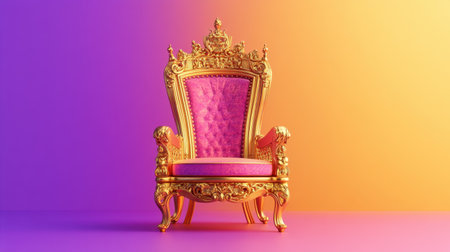 This stunning golden throne with plush pink upholstery stands against a vibrant purple backdrop, designed for luxury and elegance in any setting.の素材