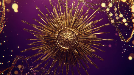 A stunning golden sunburst design set against a rich purple backdrop, adorned with shimmering dots and glittering effects, perfect for artistic expressions.の素材