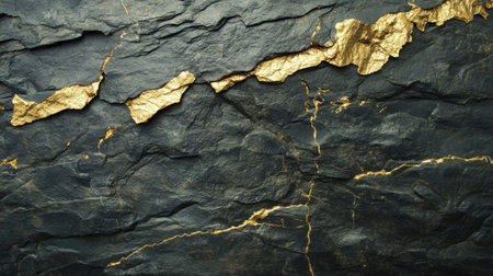 Discover a stunning black stone surface featuring intricate gold accents and natural cracks. Perfect for elegant background designs or artistic projects.の素材