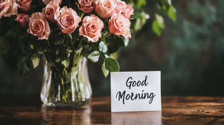 A serene arrangement featuring delicate pink roses in a clear vase, complemented by a cheerful "Good Morning" greeting card, set against a rustic wooden backdrop.の素材