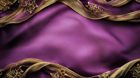 A mesmerizing composition featuring elegant purple fabric accented with golden lace trim. Perfect for backgrounds, artistic designs, and textile inspiration.の素材