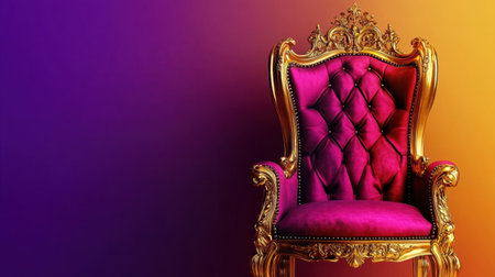 An opulent royal chair featuring rich purple upholstery and intricate gold detailing, set against a vibrant gradient backdrop, perfect for luxury visuals.の素材