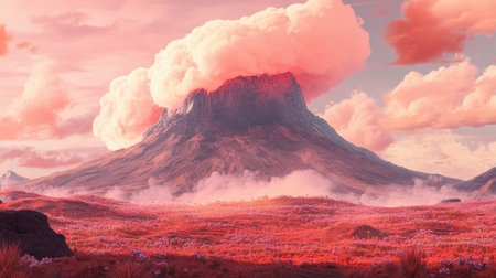 A stunning volcano rises dramatically against a colorful sunset sky, surrounded by vibrant terrain and pink clouds, evoking a serene yet powerful atmosphere.の素材
