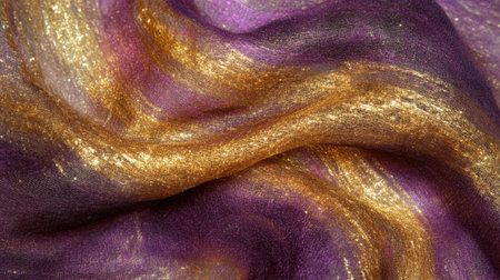 A close-up view of an elegant purple and gold fabric showcasing a shimmering texture. Ideal for fashion and interior design projects, this luxurious material adds a rich and stylish touch to any creative work.の素材