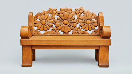 This beautifully carved wooden bench showcases intricate floral patterns on the backrest, perfect for enhancing any rustic home or garden space.の素材