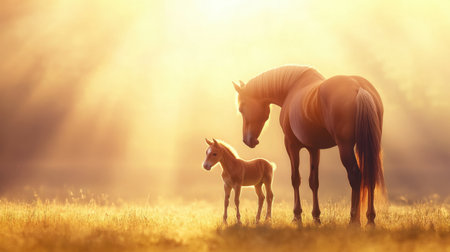 A touching scene of a mother horse and her foal illuminated by soft golden sunlight in a tranquil meadow. The bond between them symbolizes love and nurturing in nature.の素材