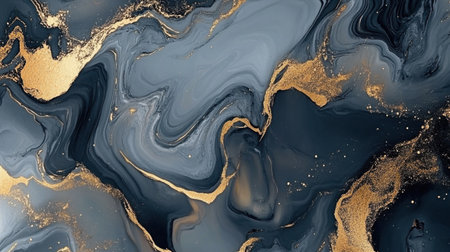 This exquisite abstract fluid art piece features captivating dark blue and gray swirls intermingled with golden sparkles, showcasing modern elegance and luxury.の素材