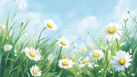 A vibrant illustration of daisy flowers blooming in a lush green field under a serene blue sky. Perfect for nature-themed projects and backgrounds.の素材