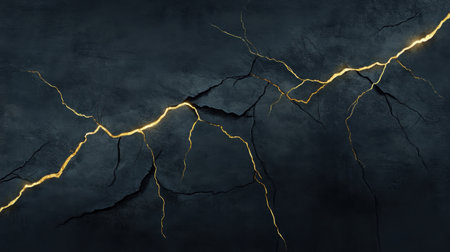 This striking image features a dark cracked wall enhanced by glowing yellow lightning, creating a dramatic and abstract visual perfect for creative projects.の素材
