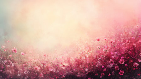 A dreamy pastel background filled with blooming flowers in soft focus creates a tranquil and serene atmosphere, perfect for artistic endeavors.の素材