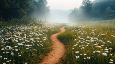 A winding pathway meanders through a lush meadow filled with blooming wildflowers, shrouded in morning mist, creating a tranquil and picturesque nature scene.の素材
