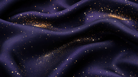 This stunning image showcases a rich purple fabric adorned with delicate gold particles, evoking a dreamy celestial atmosphere. Perfect for artistic or decorative themes.の素材