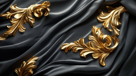 A stunning arrangement of golden ornaments resting on soft black fabric creates a luxurious and elegant visual, perfect for sophisticated design projects.の素材
