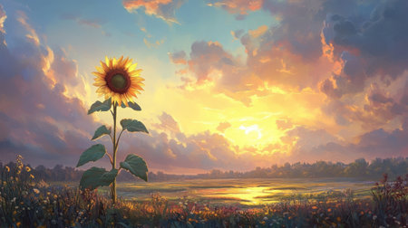 A breathtaking scenery featuring a lone sunflower standing tall against a stunning sunrise backdrop. The vibrant colors of the sky reflect in the tranquil lake, creating a serene atmosphere perfect for nature lovers and art enthusiasts.の素材