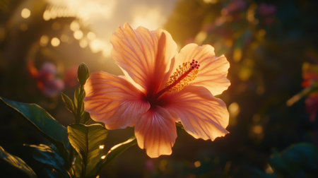 A captivating close-up of a hibiscus flower illuminated by soft light, showcasing its vibrant petals against a gentle nature backdrop, reflecting natural beauty.の素材