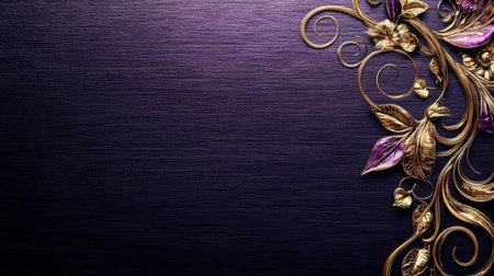 Discover an exquisite floral design in purple and gold on a textured background, perfectly blending elegance and beauty for artistic inspiration.の素材