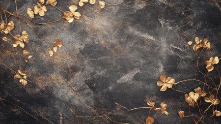 This image showcases elegant gold leaves gracefully scattered across a dark, textured background, perfect for artistic and creative projects.の素材