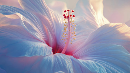 This enchanting close-up showcases the intricate details of a soft pink hibiscus flower. The delicate petals and vibrant stamen create a serene and tranquil atmosphere, perfect for lovers of nature and beauty.の素材