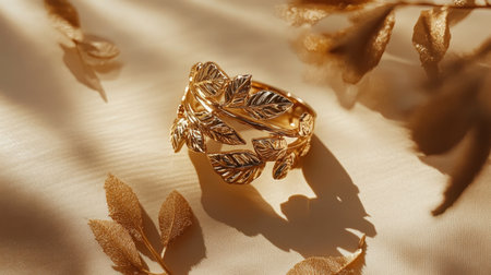 This exquisite golden ring features an intricate leaf design, beautifully showcasing craftsmanship. Perfect for fashion, jewelry enthusiasts, or seasonal themes.の素材