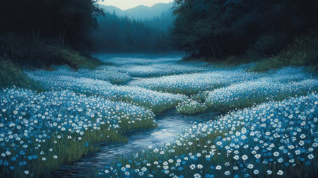 A serene meadow adorned with vibrant blue flowers stretches across the landscape, featuring a gentle stream weaving through the scenery at dawn.の素材