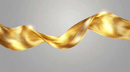 A stunning image showcasing a flowing golden ribbon with a shimmering texture against a soft gray background, creating a sense of elegance and luxury.の素材