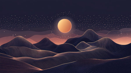 An abstract digital artwork featuring stylized mountains against a night sky illuminated by a glowing sun, combined with starry details.の素材