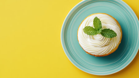 A delightful whipped cream topped dessert featuring a sprig of fresh mint, presented on a turquoise plate against a cheerful yellow backdrop, perfect for tempting any sweet tooth.の素材