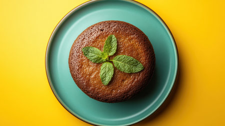 A freshly baked round cake elegantly placed on a turquoise plate, garnished with mint leaves, set against a vibrant yellow background, perfect for enticing food photography.の素材