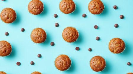 This image features freshly baked muffins artfully arranged on a vibrant turquoise background, surrounded by scattered chocolate chips. Perfect for food blogs and culinary projects.の素材