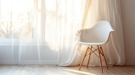 A serene scene featuring a cozy white chair positioned by a window, adorned with flowing curtains. Morning light creates a tranquil and inviting atmosphere, ideal for relaxation.の素材