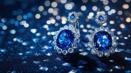 This stunning close-up captures elegant blue sapphire earrings adorned with sparkling diamonds, exuding luxury and glamour against a shimmering backdrop.の素材