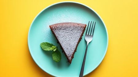 A tempting slice of chocolate cake is presented on a stylish blue plate, accompanied by fresh mint leaves and a fork, set against a vibrant yellow backdrop.の素材