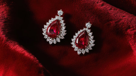 Stunning red gemstone earrings featuring dazzling diamond accents, elegantly displayed on rich velvet, perfect for special occasions or fashion statements.の素材