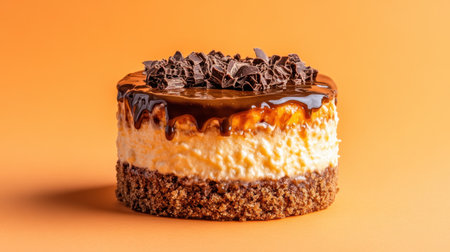 This delectable cheesecake features a rich chocolate topping and luxurious curls, beautifully contrasted against a vibrant orange background. Perfect for dessert enthusiasts.の素材