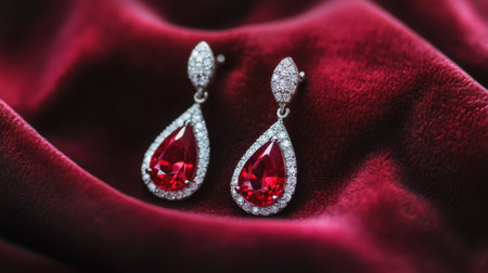 Stunning red gemstone earrings framed by sparkling diamonds, showcased against a rich velvet background. Ideal for luxury fashion and elegant events.の素材