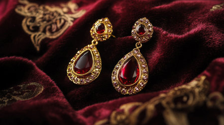 Stunning red earrings featuring intricate gold accents, set against a rich velvet background, ideal for showcasing luxury and elegance in jewelry design.の素材
