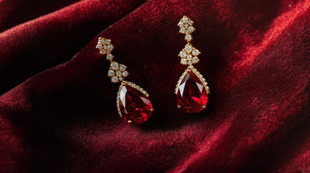 Discover these exquisite red gemstone earrings featuring sparkling crystal accents, beautifully displayed against a rich velvet backdrop, perfect for any occasion.の素材